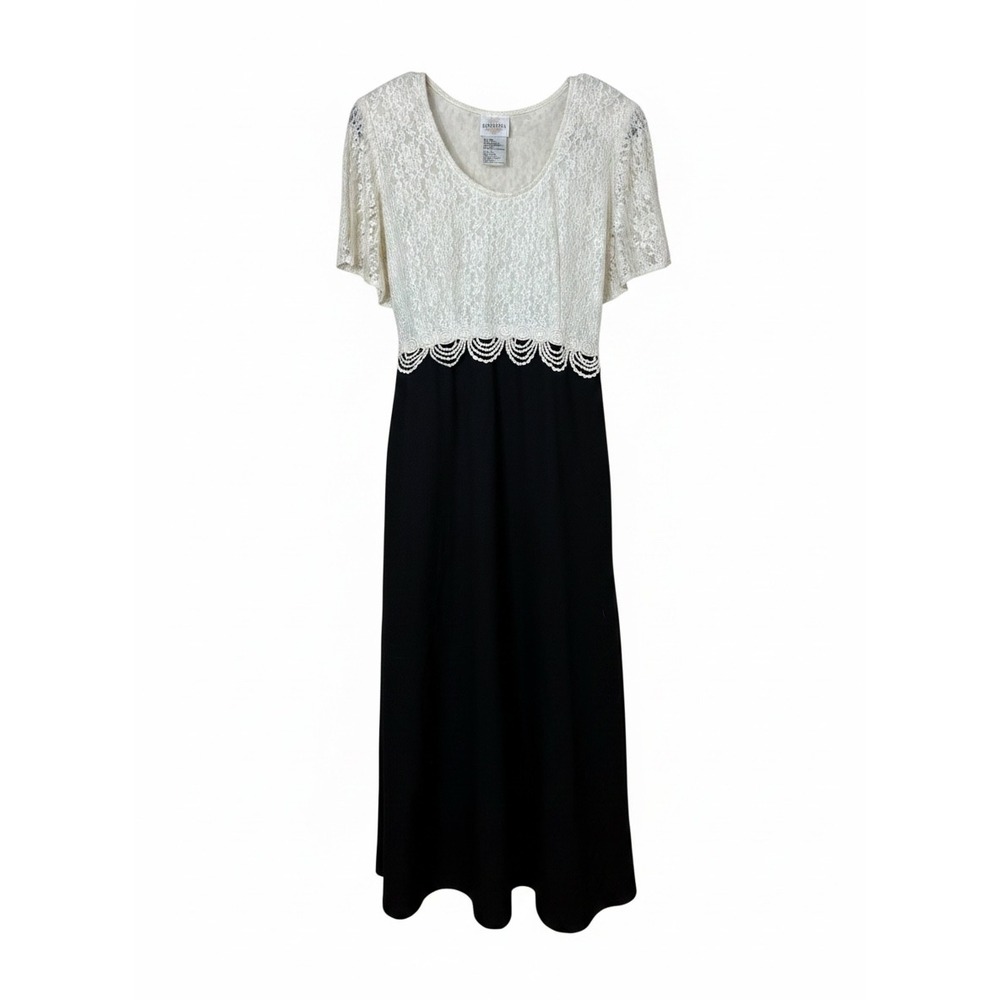 Bentley Vintage Lace Maxi Dress Womens 8 Cream‎ Black Scalloped Trim Formal
